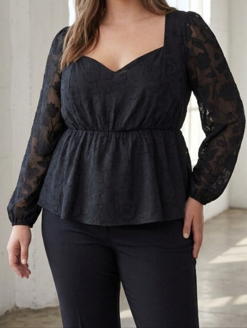 Torrid Peplum Chiffon Puff Sleeve Black Mesh Lace Sleeve Feminine Blouse Size 10